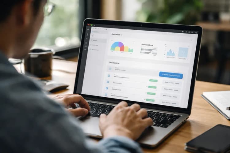Ilustrasi antarmuka Base Code di browser dengan tampilan dashboard provisioning database dan tombol 'Create Environment' aktif