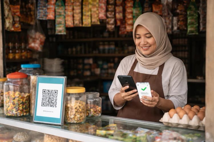Ilustrasi warung kelontong di pinggir jalan dengan stiker QR AhaPay di etalase dan ponsel pemilik warung menampilkan notifikasi transaksi sukses