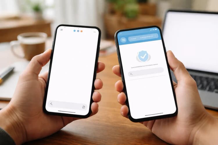 Ilustrasi dua layar ponsel berdampingan: satu menampilkan antarmuka Gemini dengan prompt 'cari aturan BPJS untuk pekerja lepas', layar lain menunjukkan aplikasi startup lokal dengan fitur 'cek status klaim BPJS otomatis'