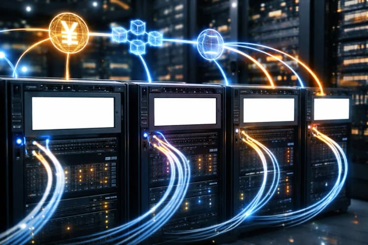 Ilustrasi server rack dengan logo SBI, Mesh, dan Money Forward terpasang di sisi depan, kabel fiber optik menghubungkan ke ikon yen dan simbol blockchain