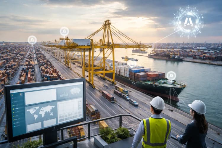 Ilustrasi pelabuhan modern dengan antarmuka dashboard digital menampilkan aliran kontainer, sensor IoT di crane, dan ikon AI di sudut kanan atas
