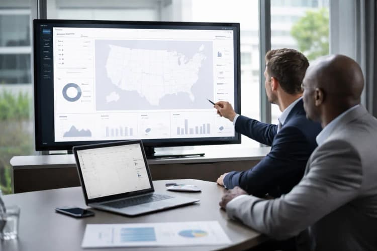 Ilustrasi antarmuka dashboard Bold Penguin menampilkan peta risiko UMKM berbasis data transaksi real-time dan integrasi API Bolttech