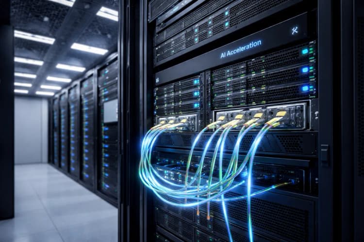 Ilustrasi data center Oracle di Singapura dengan kabel fiber optik menghubungkan ke server rack berlabel 'AI Acceleration'