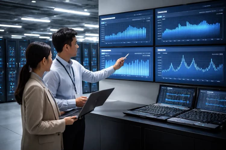 Ilustrasi pusat data LG Uplus di Seoul dengan panel kontrol real-time menampilkan metrik token usage dan latency