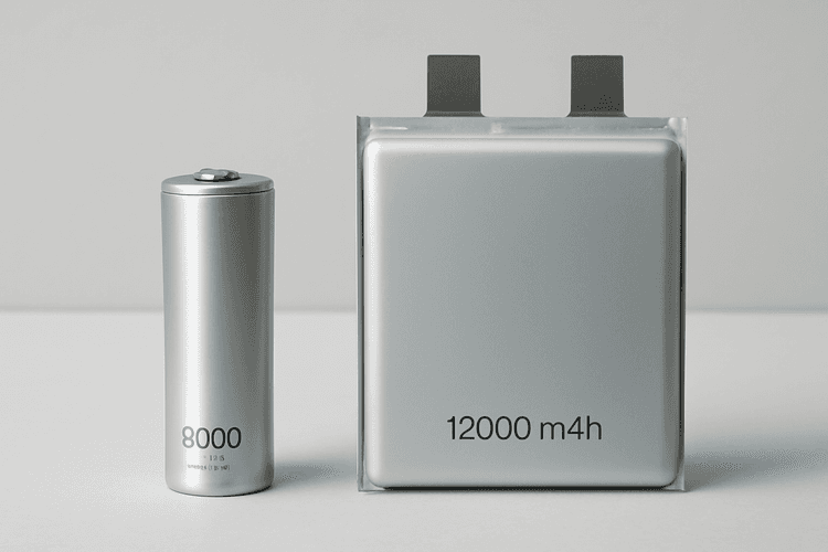 Ilustrasi perbandingan ukuran fisik baterai konvensional 5000 mAh dengan prototipe baterai padat energi 12000 mAh dalam saku celana