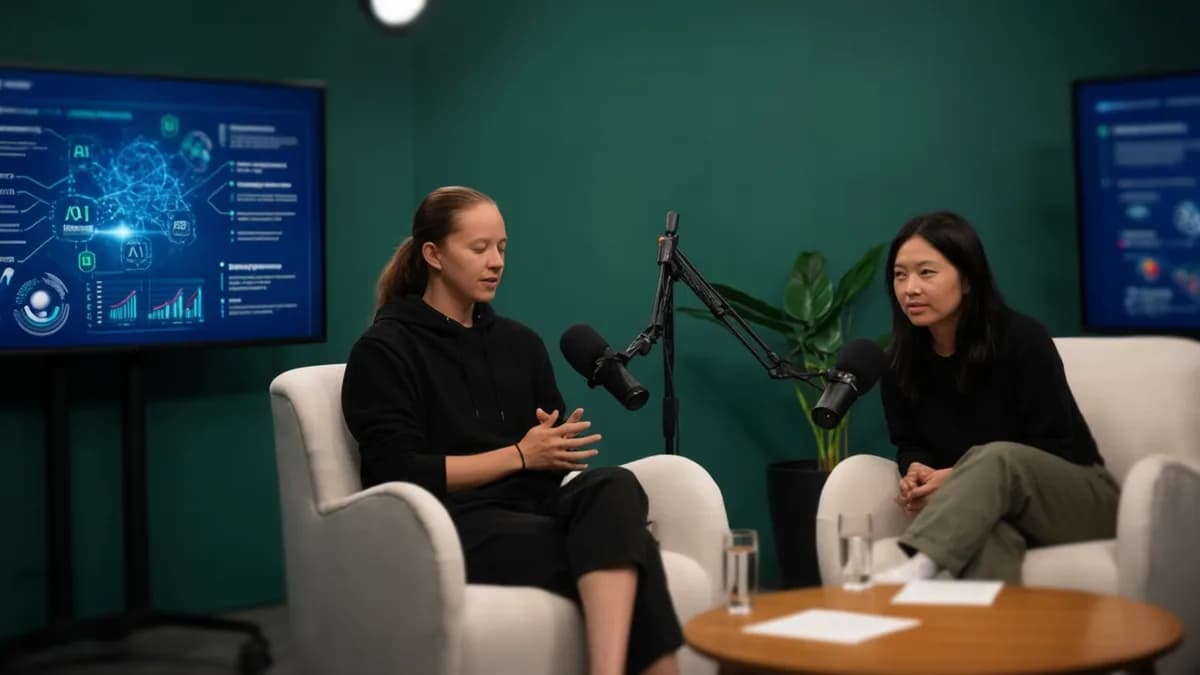 Two women in podcast discussion: Token Bukan Batas, Tapi Peta Strategi AI Perusahaan