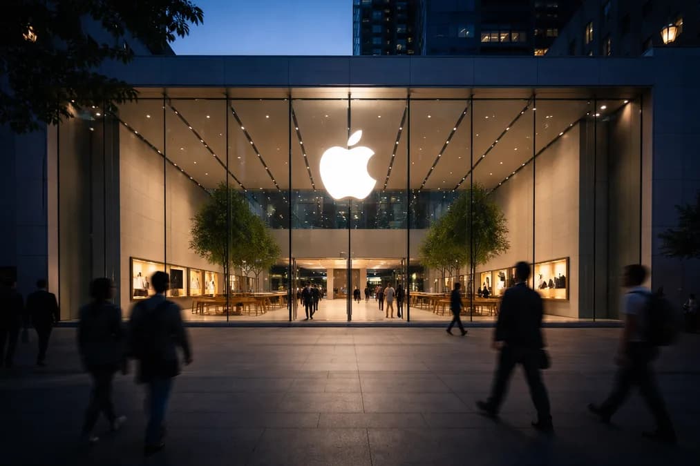 Apple logo on glass facade: Apple Dihukum Bayar $5,7 Miliar atas Paten Teknologi Haptik